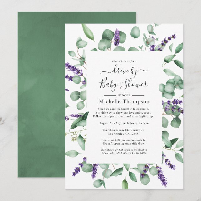 Invitación Eucalyptus Lavender Drive by Bridal o Baby Shower (Anverso / Reverso)