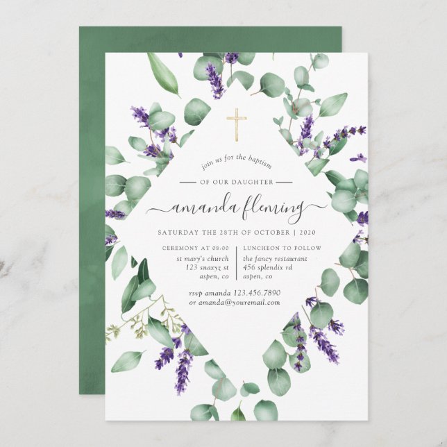 Invitación Eucalyptus Lavender Green Baptism/Christening (Anverso / Reverso)