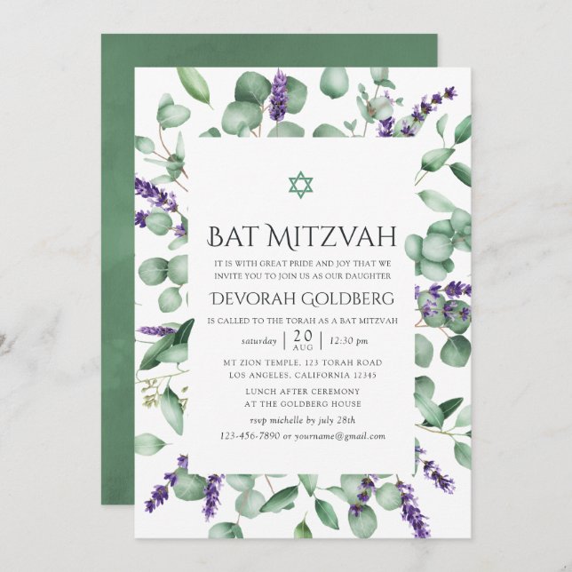 Invitación Eucalyptus Lavender Greenery Bat Mitzvah (Anverso / Reverso)