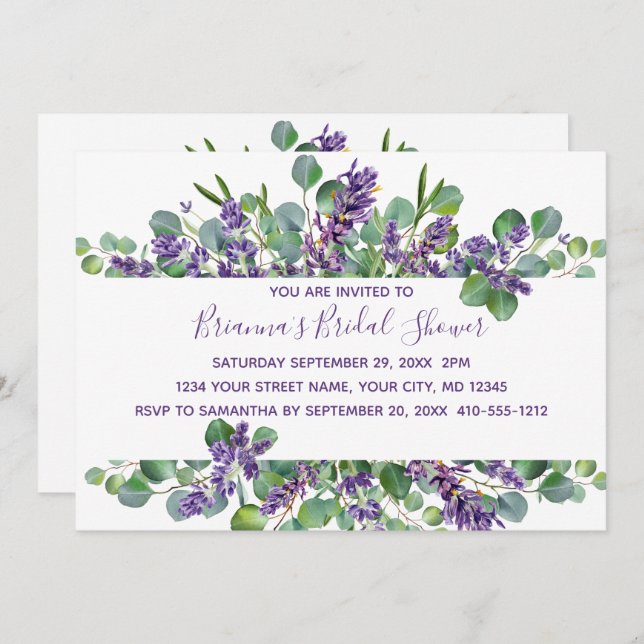 Invitación Eucalyptus Lavender Greenery Bridal Shower (Anverso / Reverso)