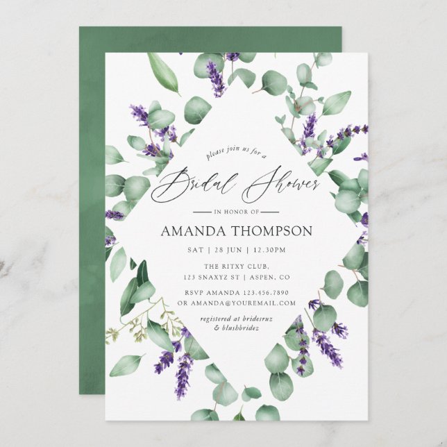 Invitación Eucalyptus Lavender Greenery Bridal Shower (Anverso / Reverso)