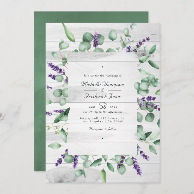 Invitación Eucalyptus Lavender Greenery QR Código RSVP Boda (Anverso / Reverso)