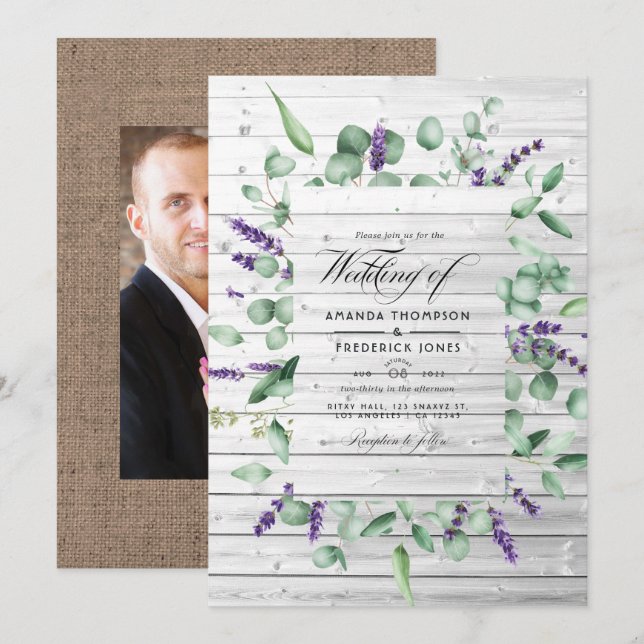 Invitación Eucalyptus Lavender Rústico Barn Boda (Anverso / Reverso)