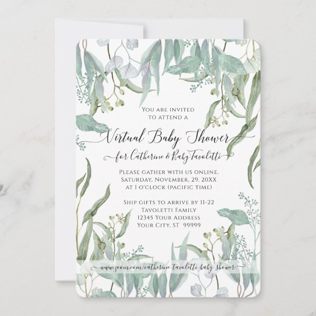 Invitación Eucalyptus Leaf Woodsy Foliage Baby Virtual Shower (Anverso)
