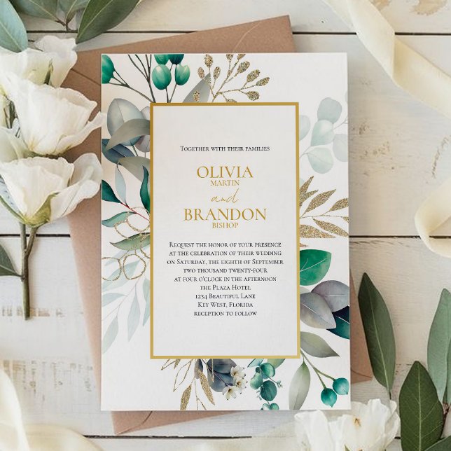 Invitación Eucalyptus Leaves & Gold Frame Watercolor Wedding (Subido por el creador)