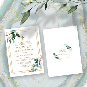 Invitación Eucalyptus Leaves Spanish 1st Birthday Baptism