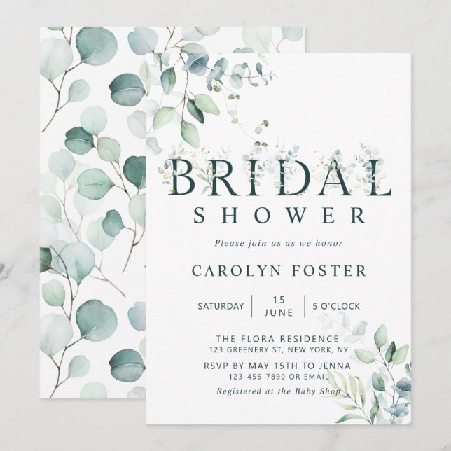 Invitación Eucalyptus Letra Botanical Letter Bridal Shower (Anverso / Reverso)