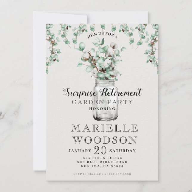 Invitación Eucalyptus Mason Jar, Fiesta de Jubilación Rusa (Anverso)