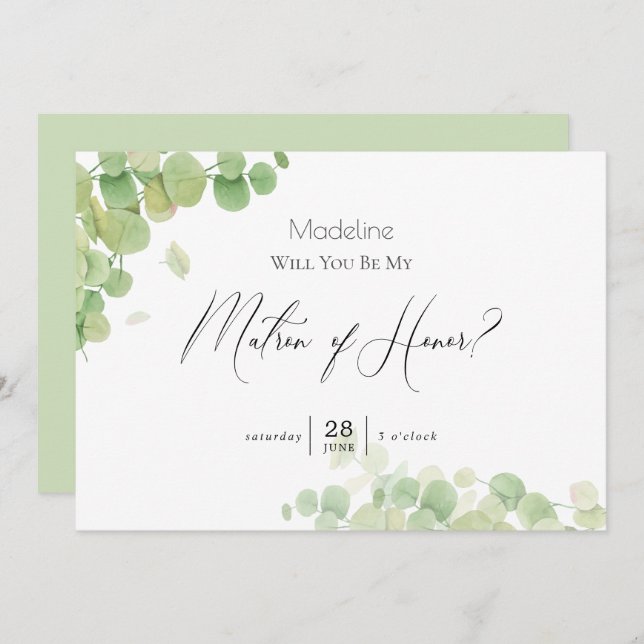 Invitación Eucalyptus Matron de Honor en la primavera moderna (Anverso / Reverso)