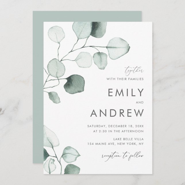 Invitación Eucalyptus minimalista deja Boda (Anverso / Reverso)
