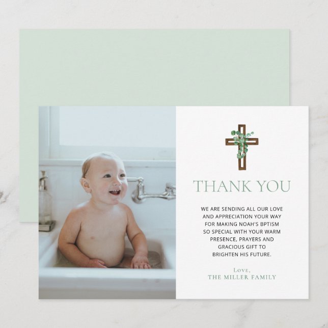 Invitación Eucalyptus Modern Baptism Photo Thank You Cards (Anverso / Reverso)