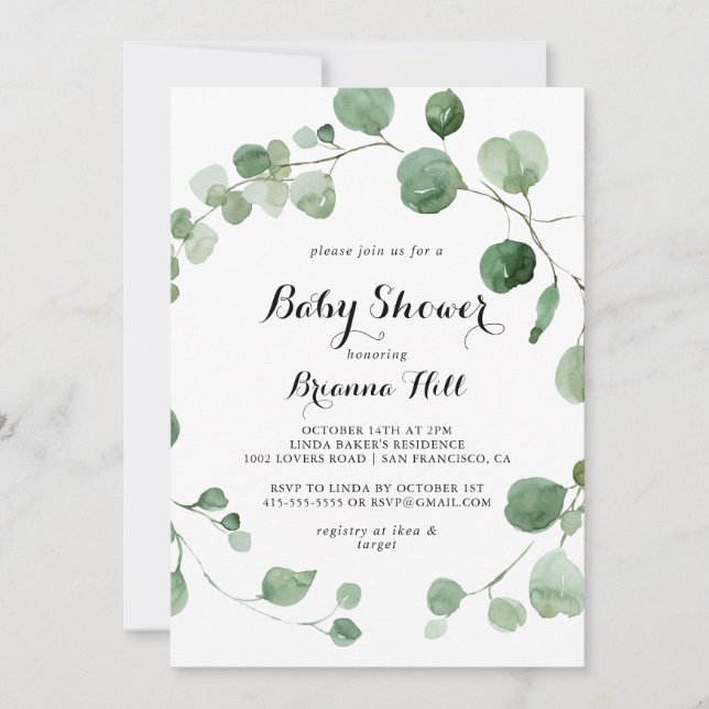 Invitación Eucalyptus Modern Calligraphy Baby Shower (Anverso)