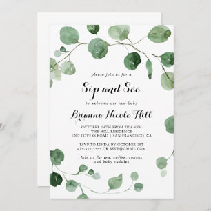 Invitación Eucalyptus Modern Calligraphy Sip y See