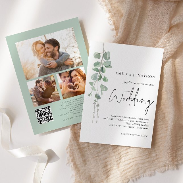Invitación Eucalyptus moderno 3 Fotos Boda de código QR (Subido por el creador)