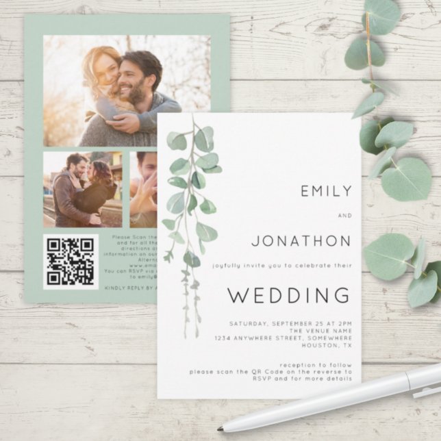 Invitación Eucalyptus moderno 3 Fotos Boda de código QR (Subido por el creador)