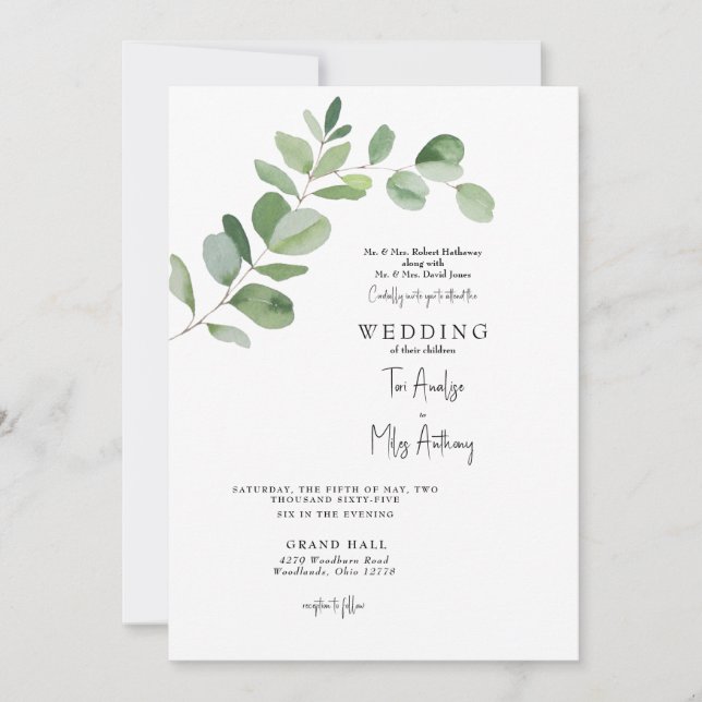 Invitación Eucalyptus Moderno ambos padres Boda (Anverso)