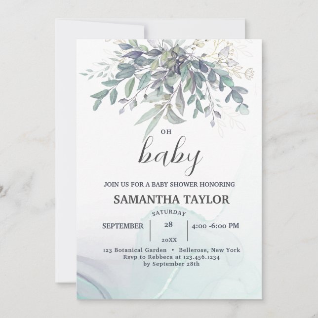 Invitación Eucalyptus moderno deja Baby Shower (Anverso)