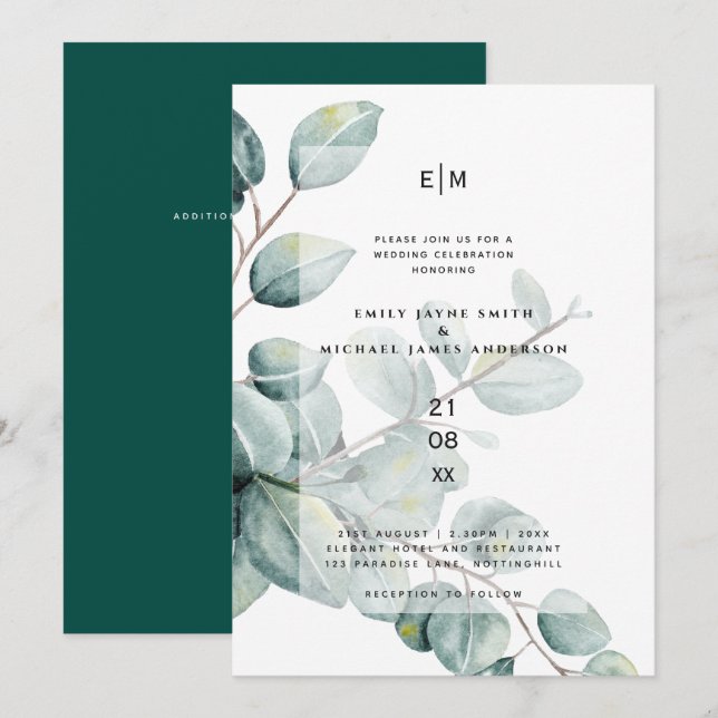 Invitación Eucalyptus moderno deja una boda verde invitacione (Anverso / Reverso)