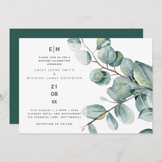 Invitación Eucalyptus moderno deja una boda verde invitacione (Anverso / Reverso)