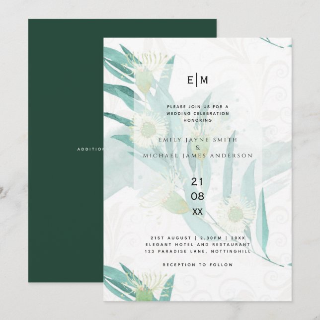 Invitación Eucalyptus moderno deja una boda verde invitacione (Anverso / Reverso)
