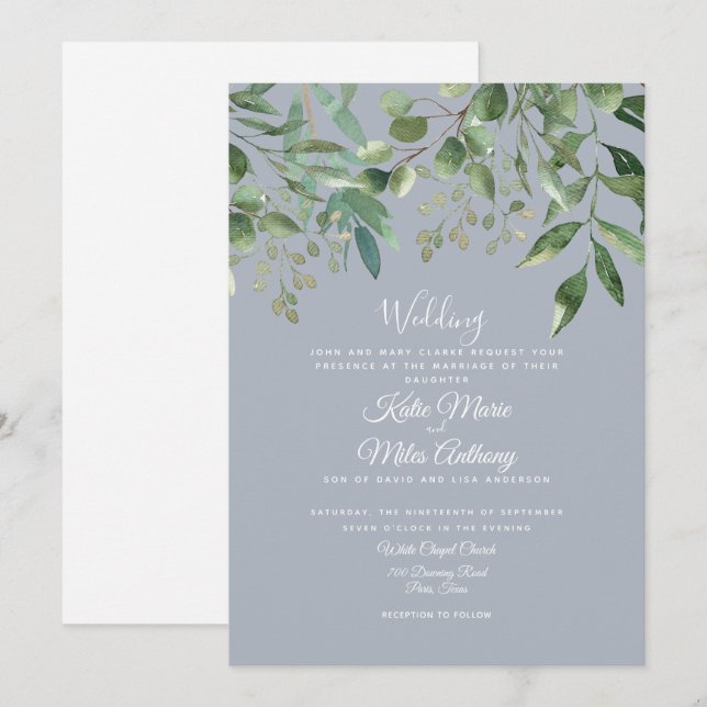 Invitación Eucalyptus moderno Foliage Dusty Blue Boda Invite (Anverso / Reverso)
