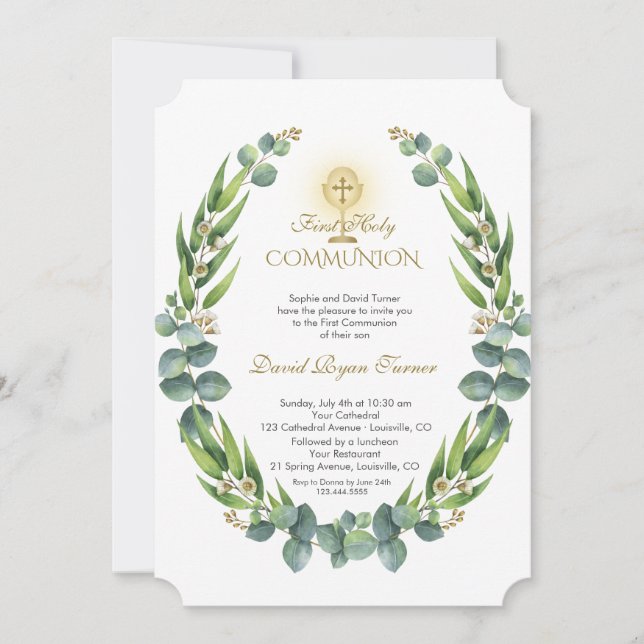Invitación Eucalyptus moderno Wreath Gold Comunión Santa (Anverso)