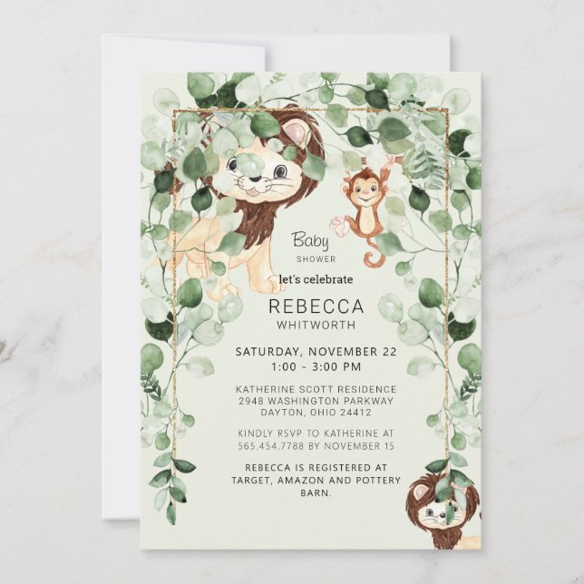 Invitación Eucalyptus Mono de León Baby Shower Fábrica de la  (Anverso)