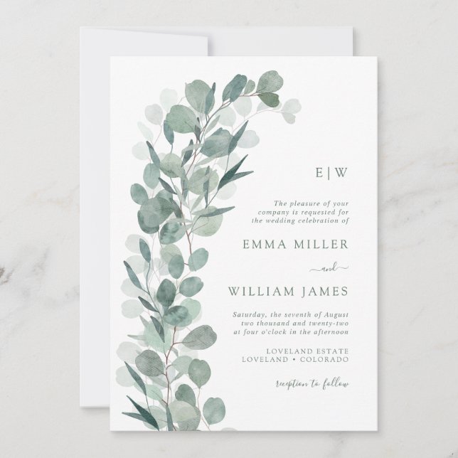 Invitación Eucalyptus Monogramed Boda (Anverso)