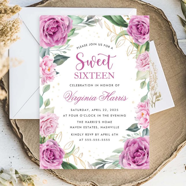 Invitación Eucalyptus Morado Floral Dulce Dieciséis Cumpleaño (Subido por el creador)