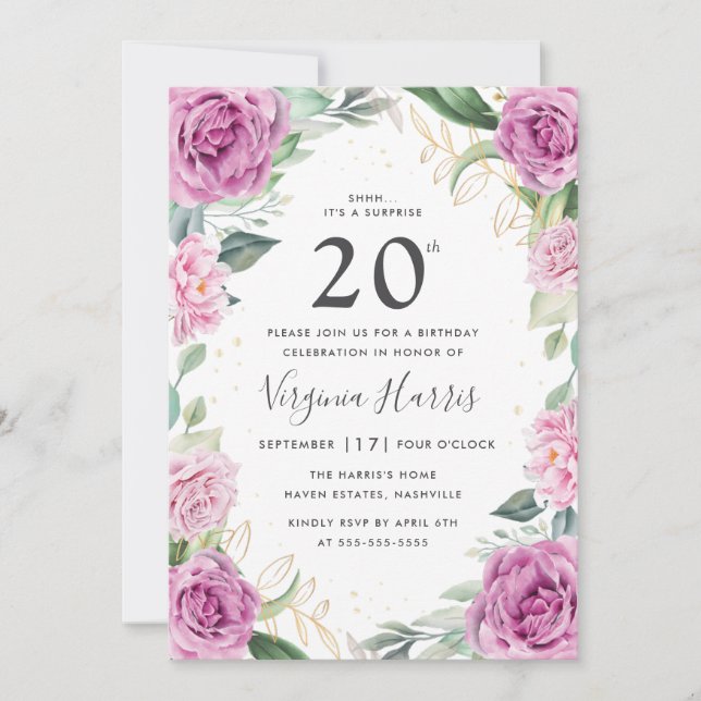 Invitación Eucalyptus Morado Floral Veinte cumpleaños (Anverso)