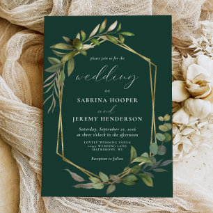 Invitación Eucalyptus Olive Greenery Gold Geo Emerald Green