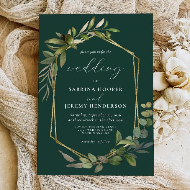 Invitación Eucalyptus Olive Greenery Gold Geo Emerald Green (Subido por el creador)