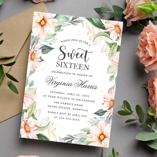 Invitación Eucalyptus Peach Floral Sweet 16 Cumpleaños (Subido por el creador)