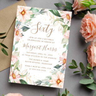 Invitación Eucalyptus Peach Gold Floral 60th Sixty Birthday