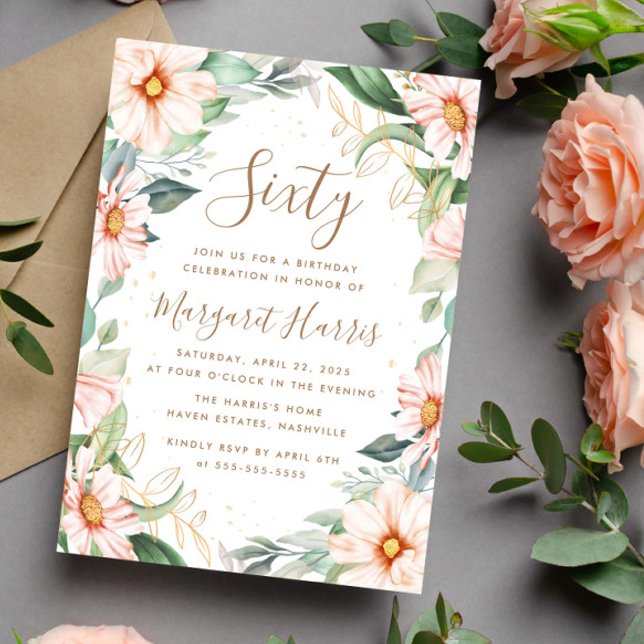 Invitación Eucalyptus Peach Gold Floral 60th Sixty Birthday (Subido por el creador)