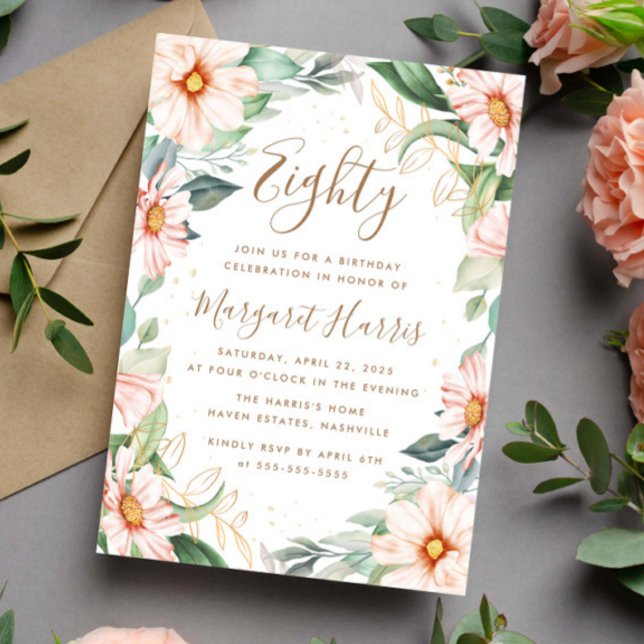 Invitación Eucalyptus Peach Gold Floral 808º cumpleaños (Subido por el creador)