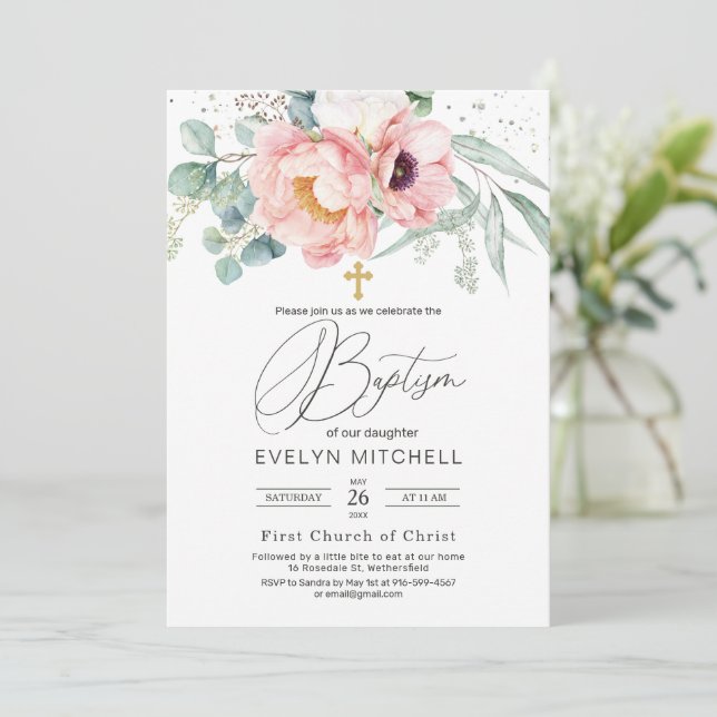 Invitación Eucalyptus Peony Flores de Adormidera Cruzan el Ba (Anverso de pie)