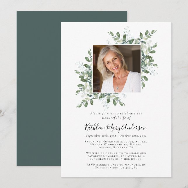 Invitación Eucalyptus Photo Celebration of Life Memorial (Anverso / Reverso)