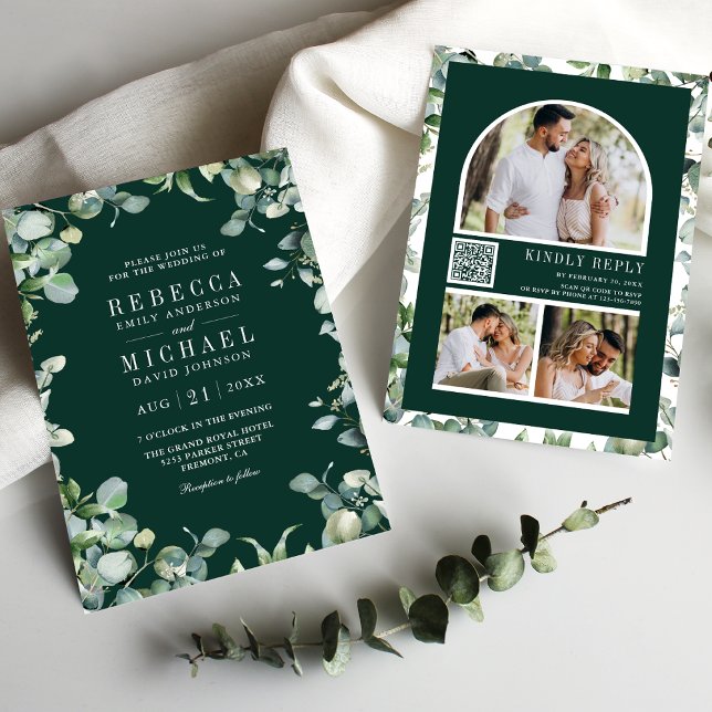 Invitación Eucalyptus Photo Collage QR Code Emerald Wedding (Subido por el creador)