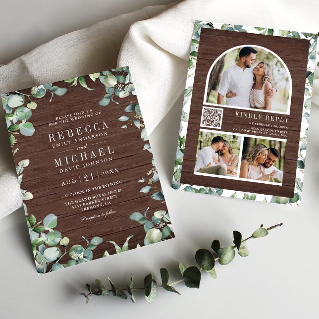 Invitación Eucalyptus Photo Collage QR Code Wood Wedding (Subido por el creador)