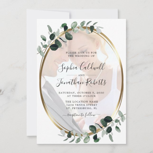 Invitación Eucalyptus Photo Gold Metallic Boda (Anverso)