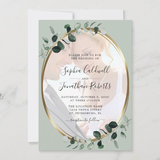 Invitación Eucalyptus Photo Gold Metallic Sage Boda (Anverso)