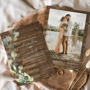 Invitación Eucalyptus Photo Rustic Wood Boda