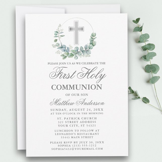 Invitación Eucalyptus primera comunión plata (Customize to change text size, style, color or to add more text or photos to back of card.)
