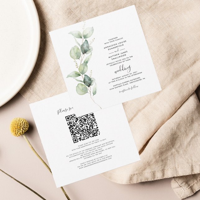 Invitación Eucalyptus QR Code all in one Botanical Boda (Eucalyptus Botanical Script QR Code Wedding Invitation)