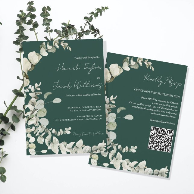 Invitación Eucalyptus QR Código Boda Verde Esmeralda (qr code wedding invitation emerald green)