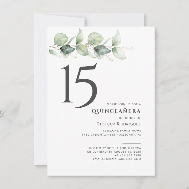 Invitación Eucalyptus Quinceanera (Anverso)