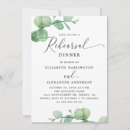 Invitación Eucalyptus Rehearsal Dinner. Elegant Script Garden