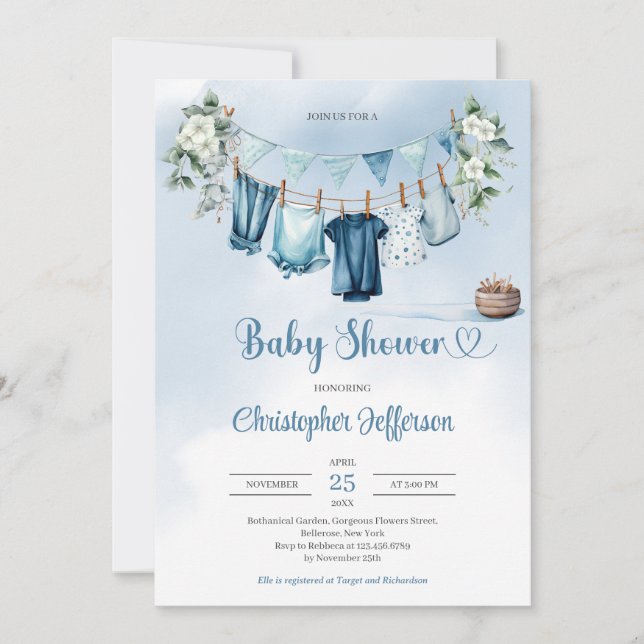 Invitación Eucalyptus ropa de bebé niño bebé ducha de bebé (Anverso)