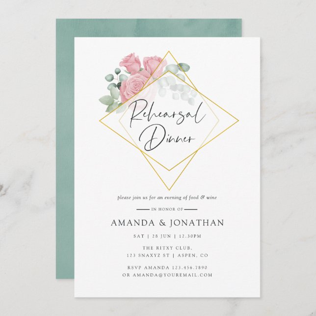 Invitación Eucalyptus Rosa Boda geométrico Ensayo Cena (Anverso / Reverso)